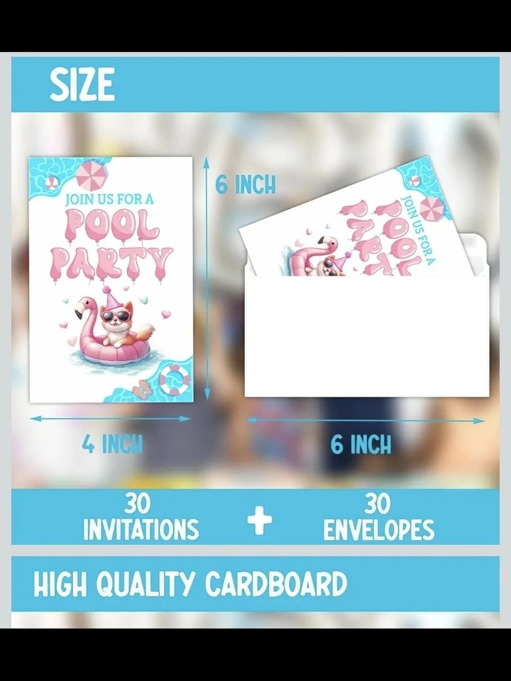Pool Party 30 Cards & 30 Envelope Invitations Pink Flamingo Float & A Cat Summer